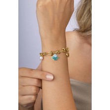 Gümüş Pazarım Balık Inci Kalp Figürlü Altın Kaplama Çelik Kadın Charm Bileklik