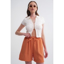 4548 Kadın Beli Lastikli Müslin Şort Oranj