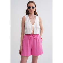 4548 Kadın Beli Lastikli Müslin Şort Pembe