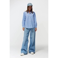 4367 Kadın Çizgili Oversize Gömlek Mavi