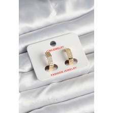 Pirinç Gold Renk Zirkon Taşlı Altıgen Kadın Küpe