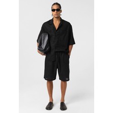 Çift Cepli Oversize Keten Gömlek Siyah