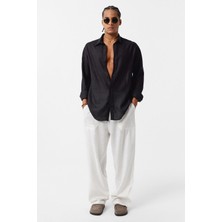 Basic Oversize Uzun Kollu Keten Gömlek Siyah