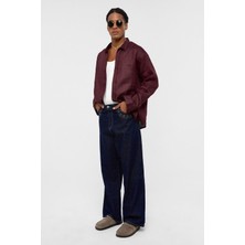 %100 Keten Oversize Uzun Kollu Gömlek Bordo