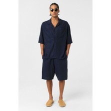 Çift Cepli Oversize Keten Gömlek Lacivert