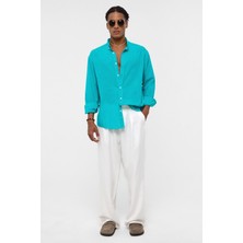 Basic Oversize Pamuk  Keten Gömlek Açık Turkuaz