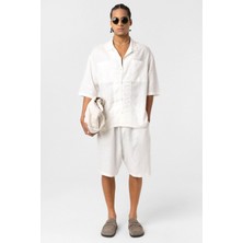 Çift Cepli Oversize Keten Gömlek Ekru