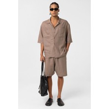 Çift Cepli Oversize Keten Gömlek Vizon