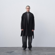 Vamos Kemerli Oversize Kaşe Kaban Siyah