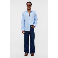 %100 Keten Oversize Uzun Kollu Gömlek Bebe Mavi