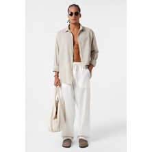 Basic Oversize Pamuk  Keten Gömlek Bej