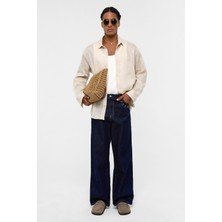 %100 Keten Oversize Uzun Kollu Gömlek Bej