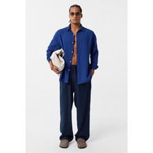 Basic Oversize Pamuk  Keten Gömlek Saks