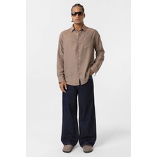 Cep Detaylı Oversize Uzun Kol Gömlek Vizon