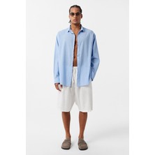 Basic Oversize Pamuk  Keten Gömlek Mavi