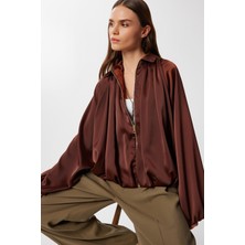 Kabarık Saten Yüzeyli Bomber Ceket LMW0033 Kahverengi