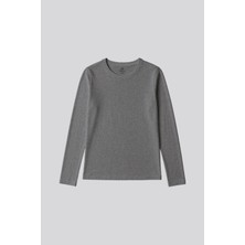Gri Melanj O Yaka Standart Fit Uzun Kollu Basic Kadın T-Shirt - 97312