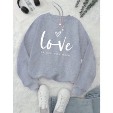 Love Yazı Baskılı Bisiklet Yaka Içi Polarlı Sweatshirt