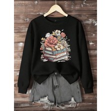 Kitap ve Çiçek  Baskı Detaylı Bisiklet Yaka Içi Polarlı Sweatshirt