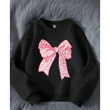 Pembe Kurdele Baskı Detaylı Bisiklet Yaka Içi Polarlı Sweatshirt