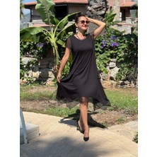 FTY1019 Fileli Yarım Kol Turlu Viskon Elbise Siyah