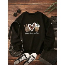 Peace Love Detaylı Bisiklet Yaka Içi Polarlı Sweatshirt