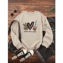 Peace Love Detaylı Bisiklet Yaka Içi Polarlı Sweatshirt