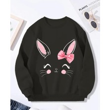 Sevimli Tavşan Baskı Detaylı Bisiklet Yaka Içi Polarlı Sweatshirt
