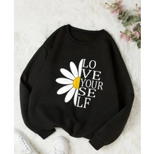 Papatya Baskı Detaylı Bisiklet Yaka Içi Polarlı Sweatshirt