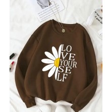 Papatya Baskı Detaylı Bisiklet Yaka Içi Polarlı Sweatshirt