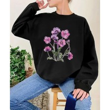 Mor Çiçek Demeti Baskı Detaylı Bisiklet Yaka Içi Polarlı Sweatshirt
