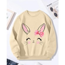 Sevimli Tavşan Baskı Detaylı Bisiklet Yaka Içi Polarlı Sweatshirt