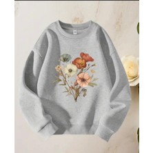 Çiçek Demeti Baskı Detaylı Bisiklet Yaka Içi Polarlı Sweatshirt