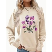 Mor Çiçek Demeti Baskı Detaylı Bisiklet Yaka Içi Polarlı Sweatshirt