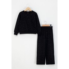 Kız Çocuk 2’li Taş Detaylı Alt-Üst Takım Beli Lastikli Rahat Kesim Eşofman Takım