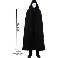 Siyah Kapüşonlu 120 cm Pelerin ve Beyaz Boyanabilir Tam Yüz Maske