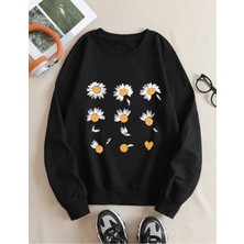 Papatya Desen Detaylı Bisiklet Yaka Içi Polarlı Sweatshirt