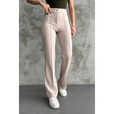 Kadın Krem Yüksek Bel Toparlayıcı Ispanyol Paça Palazzo Pantolon