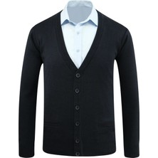 Çizgi Triko Erkek Düğmeli Hırka Cepli Düz Renk Lacivert Çelik Örgü Orta Kalınlık Relaxed Fit - 5200MB