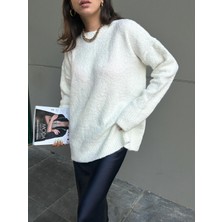 Kadın Ekru Oversize Buklet Triko Uzun Kazak 6222