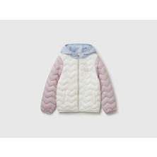 Kız Çocuk Ekru-Lila Simli Logo Detaylı Kapüşonlu Mevsimlik Ince Mont