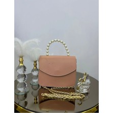 Kadın Abiye Çanta Suni Deri Gold Zincirli ve Incili Tasarım 18 cm Şık Gece Kullanımı İçin