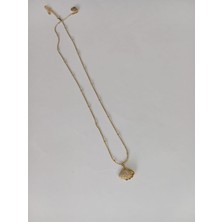 Deniz Kabuğu Inci Detaylı Gold Zirkon Taşlı Paslanmaz Zincir Kolye