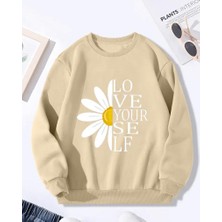 Papatya Baskı Detaylı Bisiklet Yaka Içi Polarlı Sweatshirt