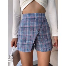 Kapaklı Tüvit Şort Etek Mavi