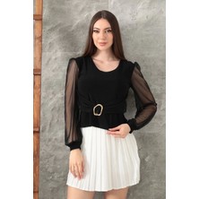 Tokalı Tül Kollu Bluz Siyah T4071