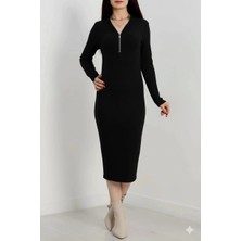 Fermuar Detaylı Fitilli Şardonlu Elbise Siyah A3178