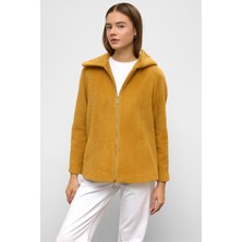 Çıkabilir Kapüşonlu Fermuar Detaylı Oversize Kaban Hardal 3128