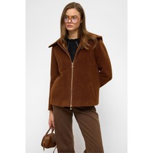 Çıkabilir Kapüşonlu Fermuar Detaylı Oversize Kaban Kahve 3128