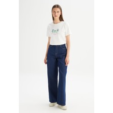 %100 Pamuk Wide Leg Yüksek Bel Geniş Paça Koyu Mavi Denim Pantolon